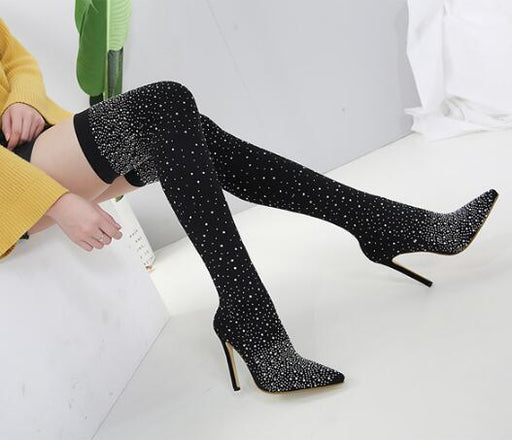 Eilyken Fashion Runway Crystal Stretch Fabric Sock Boots